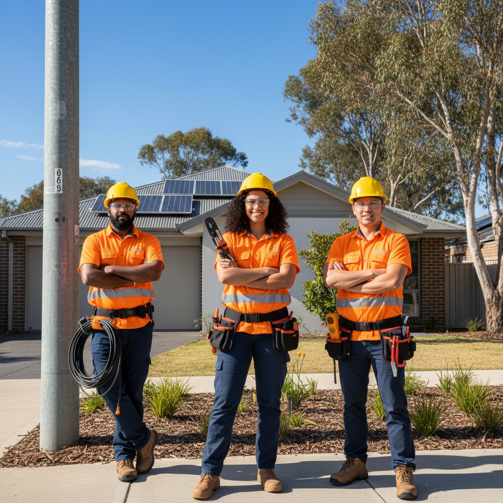 Team of licensed Australian electricians in hi-vis vests standing in front of a suburban home