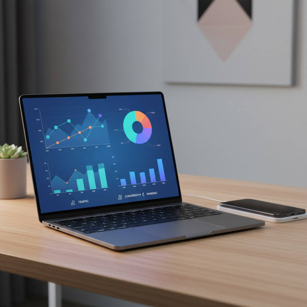 Analytics dashboard showing SEO and AI visibility metrics on a laptop screen
