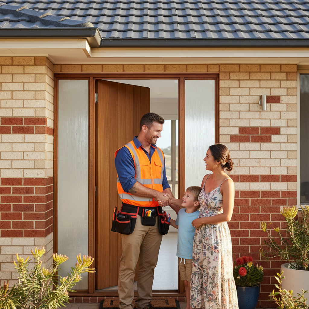 Electrician greeting a homeowner at the front door of an Australian home