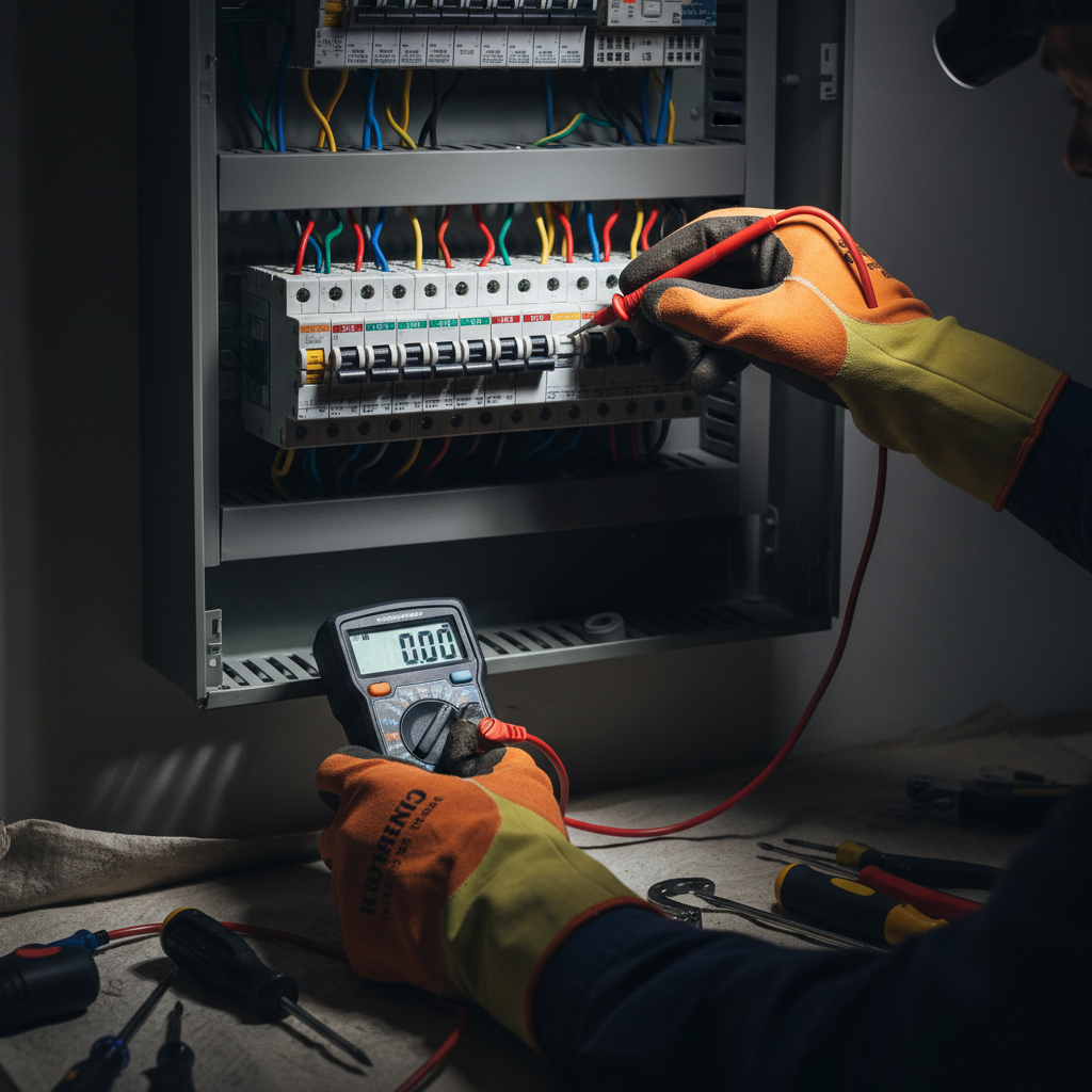 Electrician hands working on a residential switchboard during an emergency repair