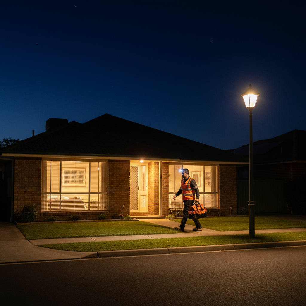 Emergency electrician arriving at an Australian home at night for an urgent callout