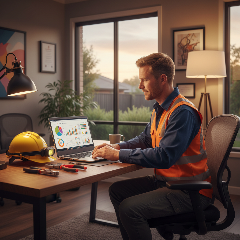 Australian electrician managing their business online with a laptop